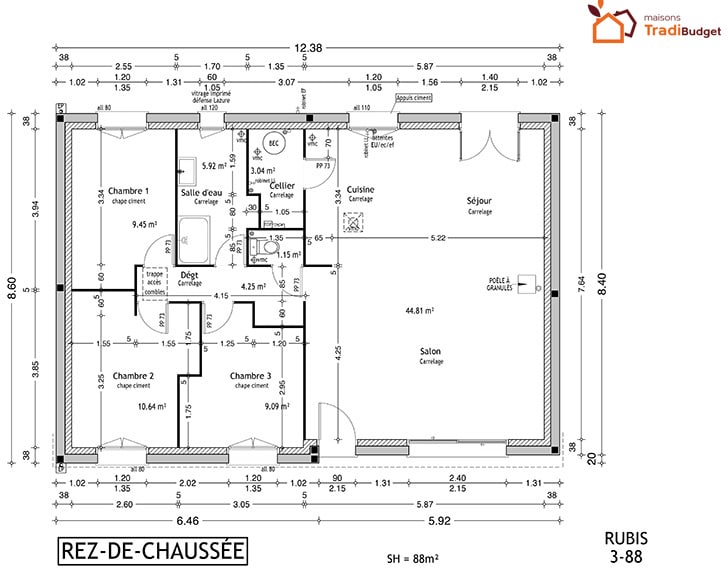 Tradibudget maison rdc RUBIS 3-88 baie